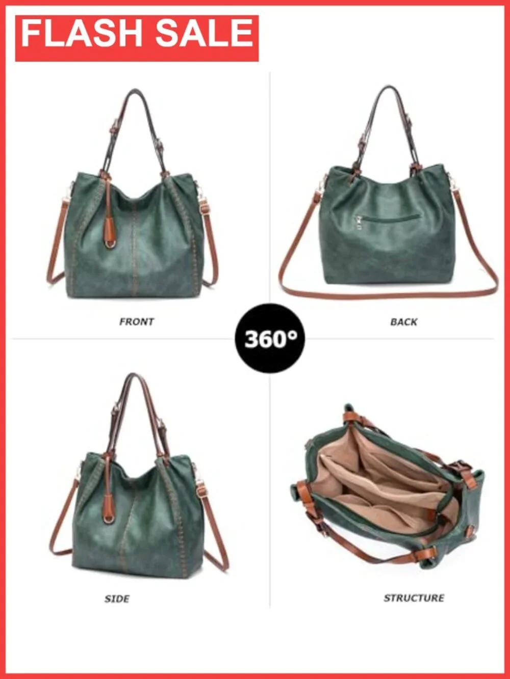 PU Leather Hobo Shoulder Bag Bucket Tote Rivet Detail Purse Adjustable Strap